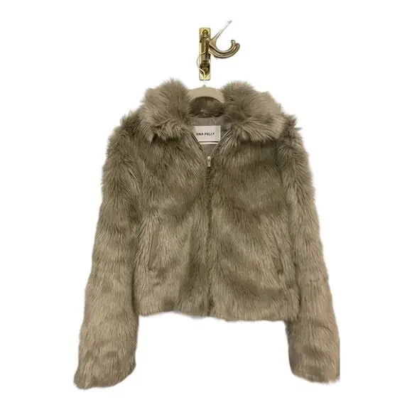 Revolve Ena Pelly Willow Faux Fur Cropped Jacket Zip Up Long Sleeve Taupe Size 2
